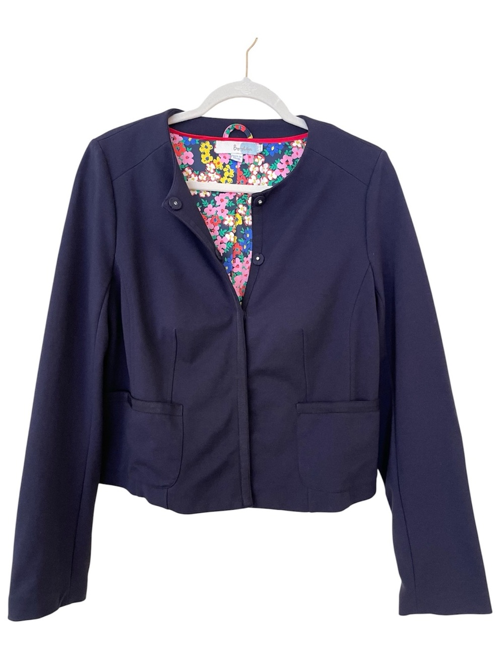 Boden Collarless Blazer 12 Navy Blue Cotton Blend Stretch Business Casual Comfy